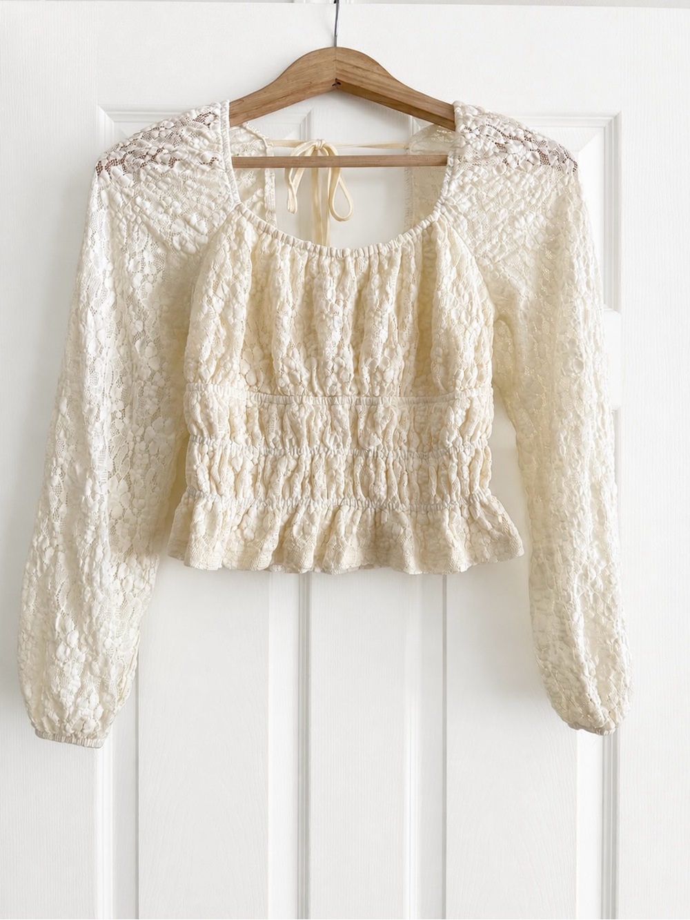 love, Fire Cream Lace Long-Sleeve Smocked Peasant Top